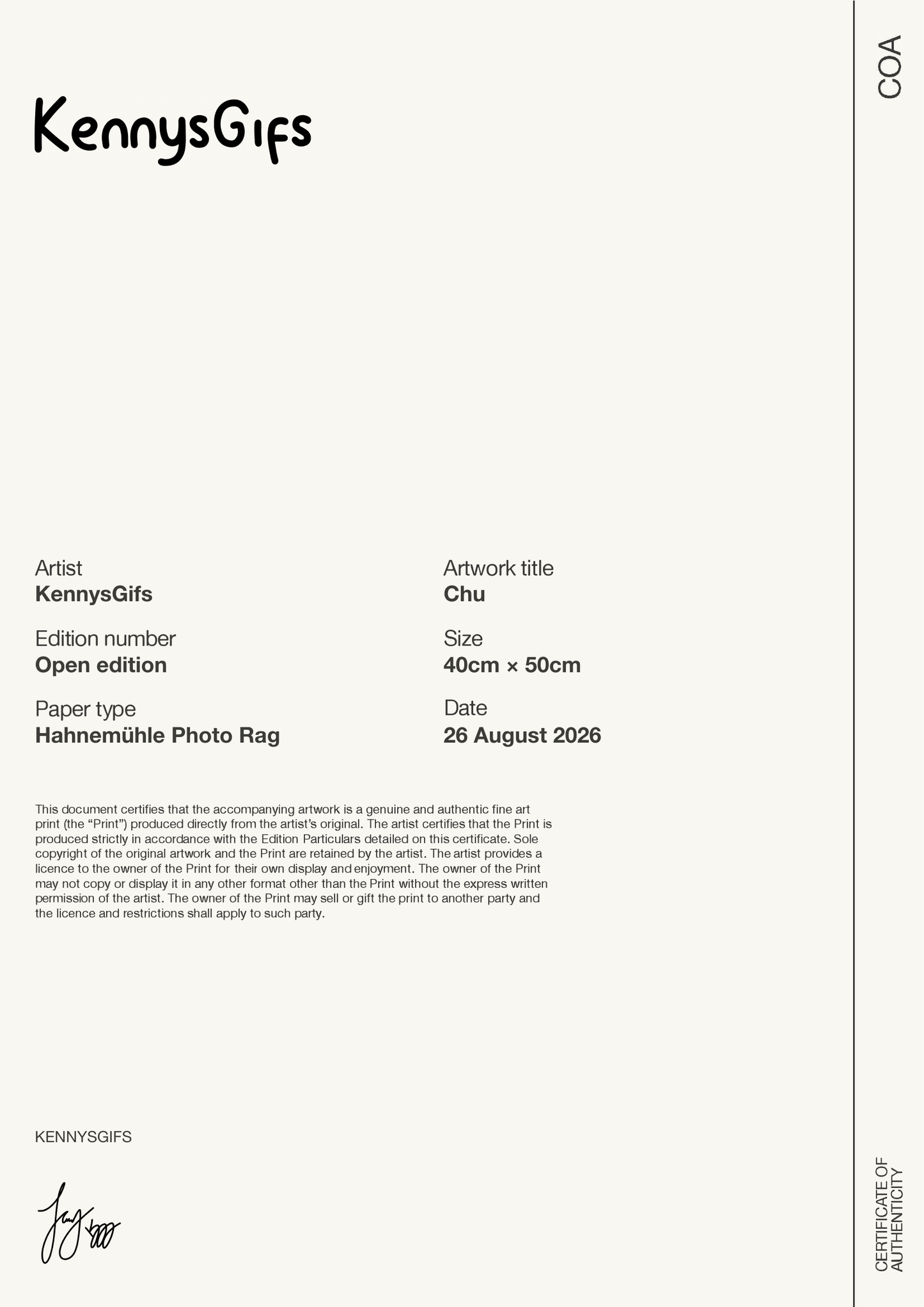 Chu — Certificate of Authenticity