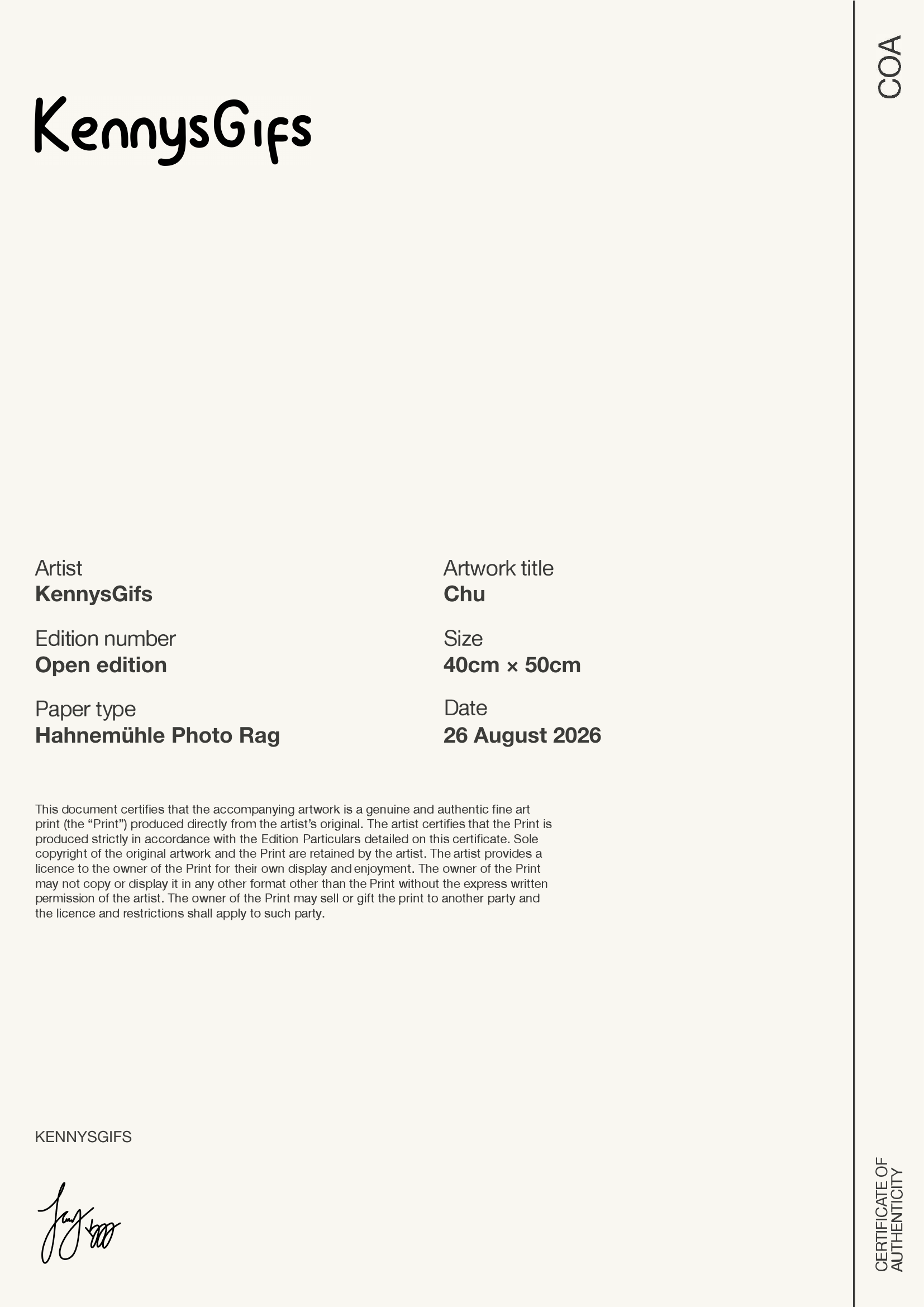 Chu — Certificate of Authenticity