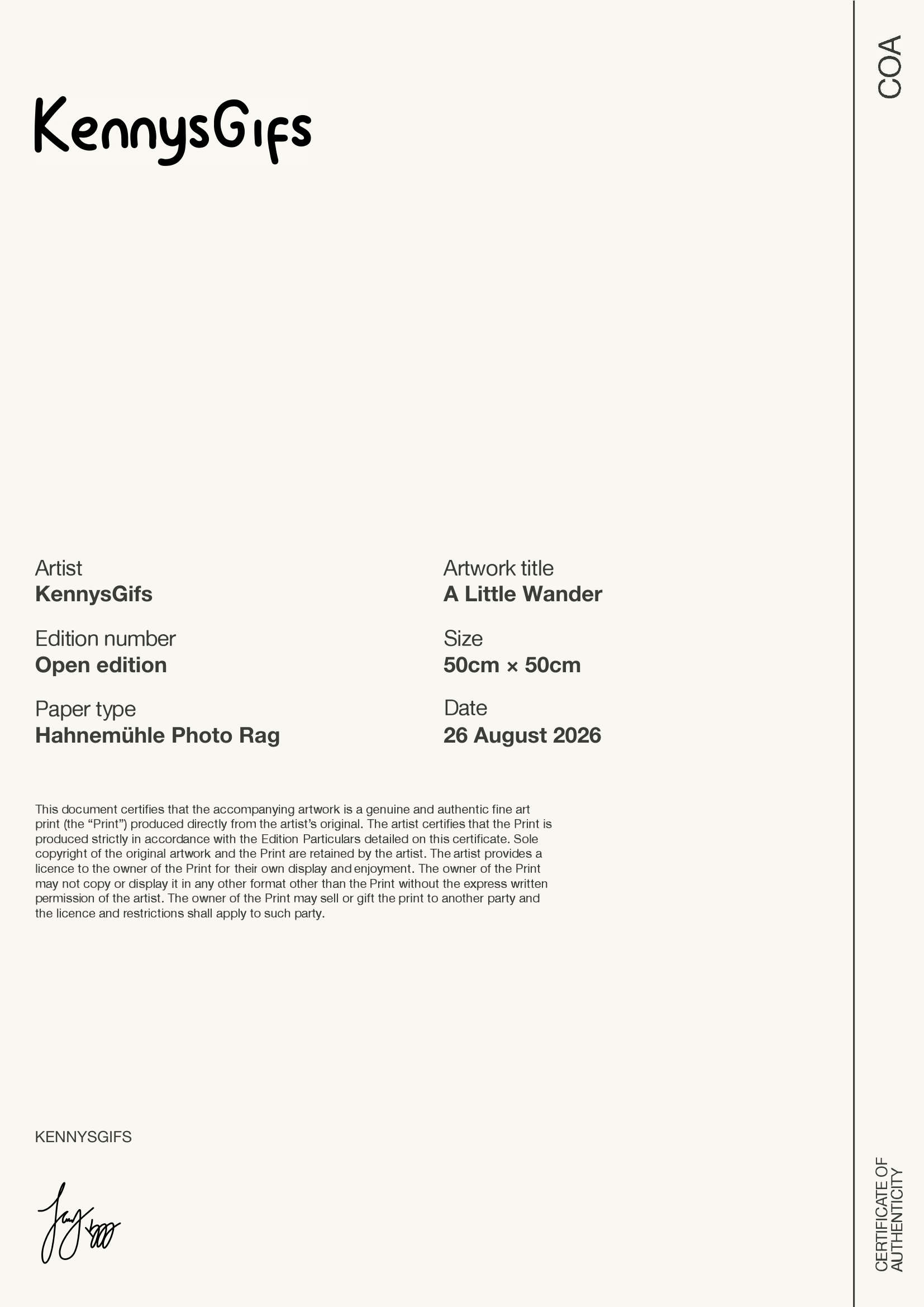 A Little Wander — Certificate of Authenticity